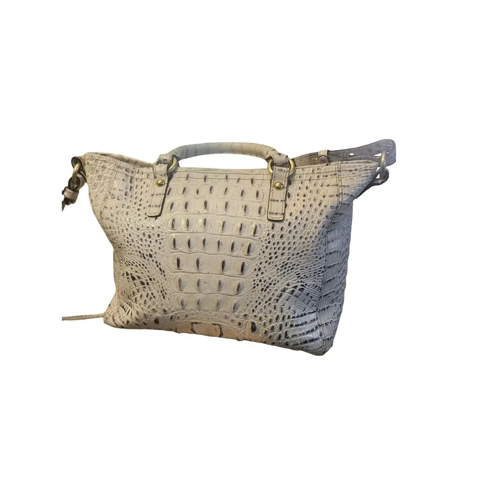 Brahmin Croc Embossed Leather Satchel Crossbody Bag Gray Cream Gold Hardware